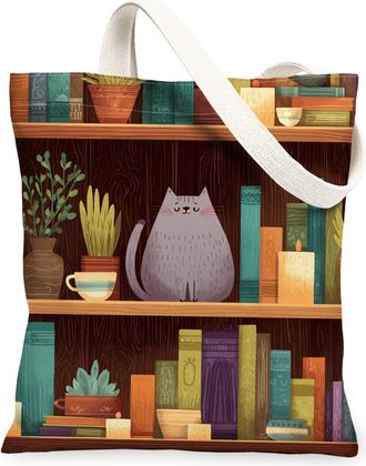 Generic Cat Canvas Tote Bags, Feline Bookshelf Design Reusable Grocery Bags, Autumn Vintage Lightweight Washable Shoulder Strap Can, Multicolor, 13x15 Inch