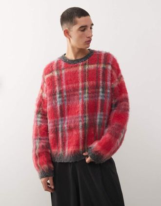 Reclaimed Vintage Maglione girocollo spazzolato rosso a quadri