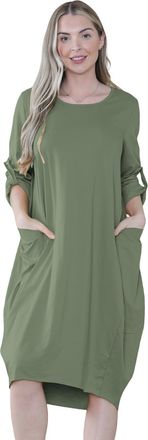 Janisramone Womens Italian Lagenlook Baggy Midi Dress with Pockets, Turn Up Long Sleeve Plain Round Neck Lagenlook Tops, Loose Summer Dresses for Women UK Khaki