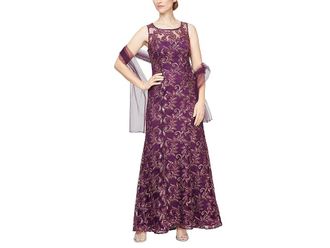 Alex Evenings Long Embroidered Gown with Sweetheart Illusion Neckline and Chiffon Shawl Womens Dress Plum : 12, Polyester