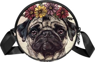 Generic Circle Crossbody Bag for Women, Pug Dog Flowers Small Sling Bag Daypack with Zipper Adjustable Shoulder Straps Casual Ladies Girls Round Purse