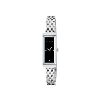 Gucci Ya 127504 - G-Frame Stalen kast- zwarte wijzerplaat met 3 diamanten- stalen armband - Dames - Horloges - Grijs - ONE Size - Accessoires