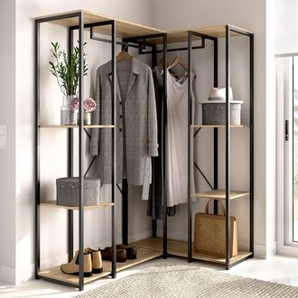 Dmora Armario Grande Hollis, Dormitorio 5 Estantes, Colgador, Cajones, 130x167h Cm Marr&oacute;n Roble
