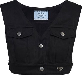 Prada triangle-logo cropped vest - women - Denim - 46 - Black