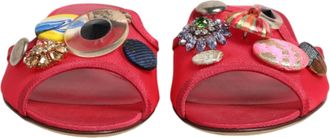 Dolce & Gabbana Red Embellished Flats Slip On Sandals Womens Shoes