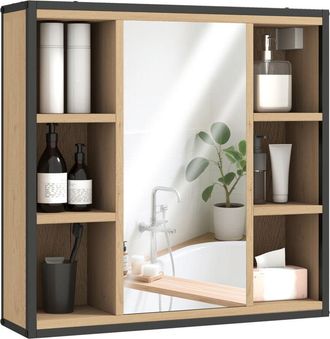 HOMCOM Armario de baño con espejo armario de pared con estante ajustable y 6 compartimentos abiertos 60x16x58,5 cm roble - Homcom