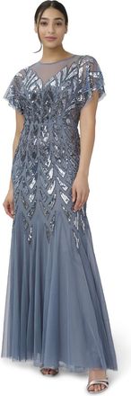 Adrianna Papell Womens Beaded Illusion Long Gown - Blue - Size 8 UK