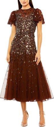 Mac Duggal High Neck Flutter Sleeve Beaded Dress