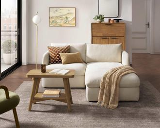 Castlery Ollie Storage Small Chaise Sectional Sofa, Right Facing, Ivory, Removable Covers, Gaslift Storage