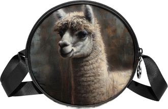 Generic Circle Crossbody Bag for Women, Vintage Alpaca Pattern Small Sling Bag Daypack with Zipper Adjustable Shoulder Straps Casual Ladies Girls Round Purse