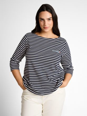 Tom Tailor T-Shirt TOM TAILOR PLUS, Damen, Gr. 44, navy blau sanftes wei&szlig; stripe, Single Jersey, Obermaterial: 97% Baumwolle, 3% Elasthan, bedruckt, gestreift, r