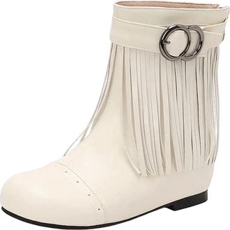 Generic Womens Mid Calf Boots Round Toe Hidden Wedge Heel With Back Zipper Fringe Tassels And A Decorative Buckle