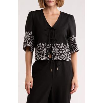 Ellen Tracy Eyelet Embroidered Tie Top in Black at Nordstrom Rack, Size X-Small