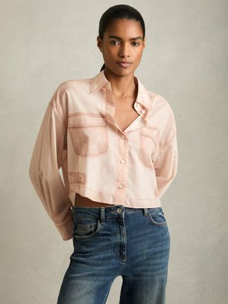 Reiss Pale Pink Cotton Denim-print Cropped Shirt, 10