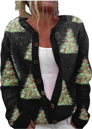 Generic Christmas Cardigans Womens Sweaters Long Sleeve Round Neck Button Down Cardigans Sweaters Patterns Soft Novelty Costumes Outwear Womens Christmas Card
