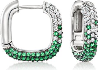Ross-Simons Italian. Simulated Emerald and. CZ Square Hoop Earrings in Sterling Silver
