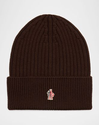 Moncler Mens Wool Rib Logo Patch Beanie Hat