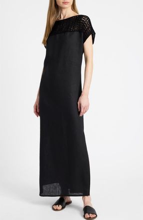 Santorelli Harmony Crocheted Cap Sleeve Linen Maxi Dress in Black at Nordstrom, Size X-Small