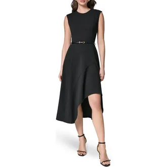DKNY Belted Flounce Stretch Dress in Black at Nordstrom, Size 14