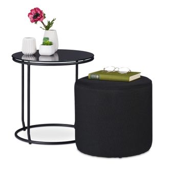 Relaxdays Relaxdays - Set Tavolino E Sgabello, 40 X 40 Cm, Tavolo Con Pouf Salvaspazio Rotondo Per Divano, Vetro E Metallo, Nero