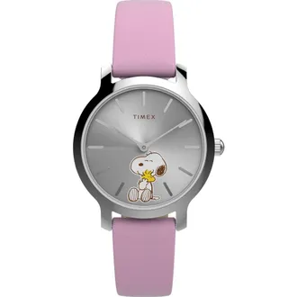 Timex x Peanuts Transcend Snoopy Hug Leather Strap Watch, 31mm in Silver-Tone at Nordstrom