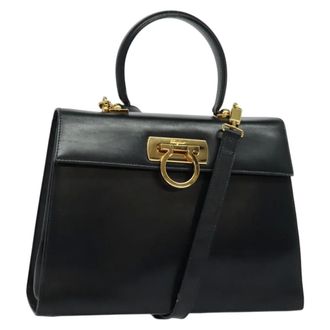 Ferragamo Gancini Convertible Top Handle Leather Black Leather Handbag (Pre-Owned)