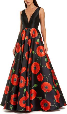 Mac Duggal Plunge Neck Ballgown With Floral Mikado Skirt in Black at Nordstrom, Size 12