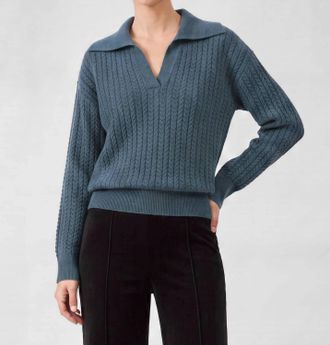 Current Air Open Collar Pullover Cable Knit Sweater In Dusty Blue