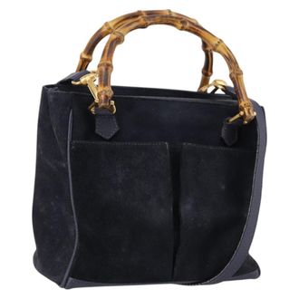 Gucci Vintage Bamboo Front Pocket Tote Suede Navy Suede Handbag (Pre-Owned)