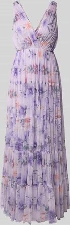 Lace & Beads Abendkleid im Stufen-Look mit V-Ausschnitt in Lila, Gr&ouml;&szlig;e XXL