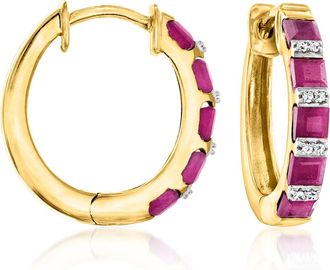 Ross-Simons Ruby Hoop Earrings With Diamond Accents in 18kt Gold Over Sterling