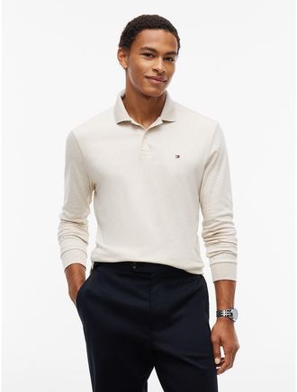 Tommy Hilfiger Mens Regular Fit Long-Sleeve Polo - Heathered Oatmilk - XXL