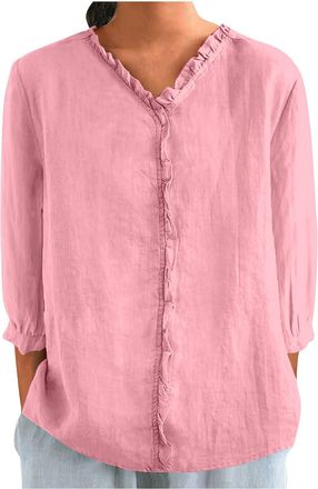 Generic Linen Blouse Womens UK Summer Oversized Womens Tshirts Cotton Linen V Neck 3/4 Sleeve Shirt Ladies Fashion Elegant Shirts Work Tunic Top Casual Jumper