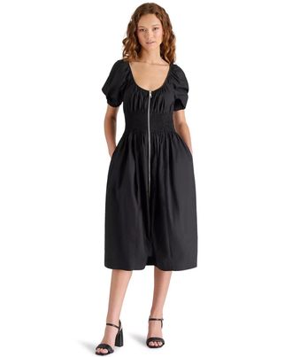 Steve Madden Liora Midi Dress Womens Black Cotton Smocked Puff Sleeve PALL38