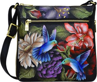 Anuschka Womens Hand-Painted Genuine Leather Expandable Travel Crossbody - Hummingbird Heaven