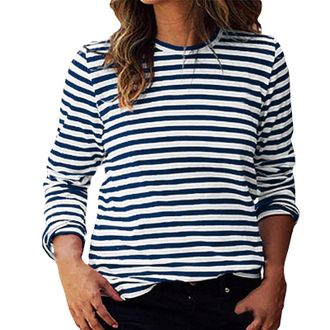 Generic Womens Striped Long Sleeve Top, Casual Loose Fit Crew Neck Blouse, Ladies Lightweight Pullover Shirt, Soft Stretchy Tunic Tops, Trendy Everyday Wear, 