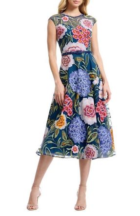 Dress The Population Serenity Floral Embroidery Cocktail Midi Dress in Navy Multi at Nordstrom, Size X-Small