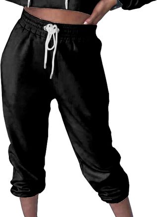 Amos Women Cuffed Joggers Sweatpants Casual Tracksuit Bottoms (Black, 12)