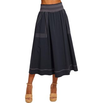 Ramy Brook Galia Topstitch Detail Cotton Blend Skirt in Navy at Nordstrom, Size Large