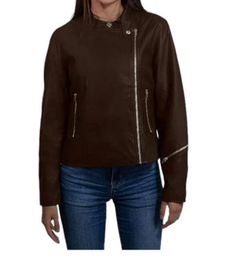 Nine West Synthetic Leather Biker Jacket In Brown