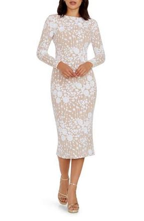Dress The Population Emery Sequin Long Sleeve Body-Con Midi Dress in White/Beige at Nordstrom Rack, Size Small