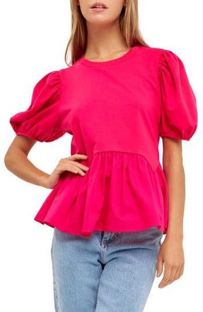 English Factory Mix Media Puff Sleeve Peplum Top in Fuchsia at Nordstrom Rack, Size X-Small