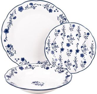 cofan Vajilla De Porcelana Con Detalle Floral Azul Esmaltado De Forma Irregular 18 Piezas