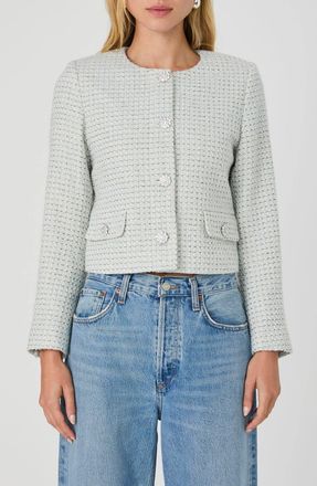 French Connection Tweed Embellished Crop Jacket In Light Blue