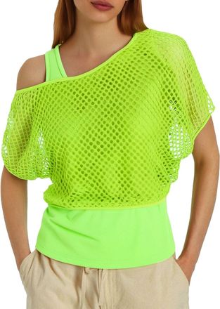 Generic Neon Clothes 80s Mesh Top for Women Fishnet T Shirts Sheer Off Shoulder Tops and Vest 2 Pieces Set Party Outfit Sexy Disco Clothe Y2K Gothic Retro 90s