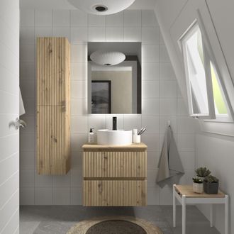 Cygnus Bath Mueble De Ba&ntilde;o Kira 60cm Roble 2 Cajones Lavabo Sobre Encimera 1 Poza Porcelana