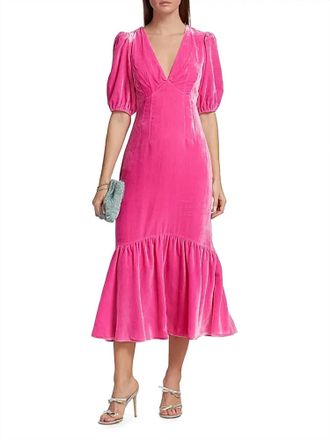 Rhode Resort Ester Puff-Sleeve Velvet Midi-Dress In Pink