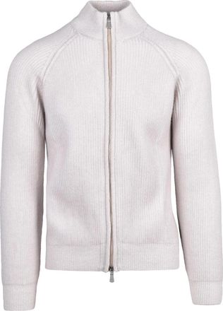 Eleventy White High Collar Cashmere Zip-Through Knit