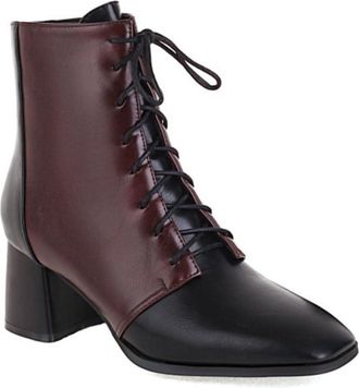 Generic Womens Two Tone Ankle Boots Lace Up Square Toe PU Leather Block Heels Stylish Comfortable Non Slip Durable for Evening Party Office Work Wear,Red,3.5 