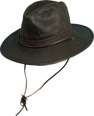 Dorfman Pacific Mens 1 Piece Cotton Weathered Finish Leather Band Binding Hat with Chin Cord, Brown, M